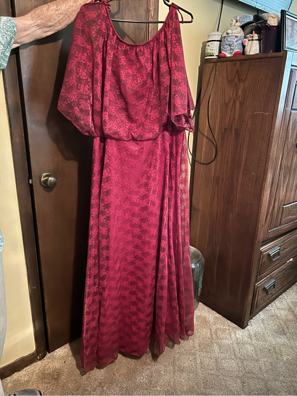 Elegant Wine-Red Floral Maxi Dress with Draped Bodice